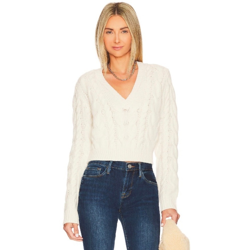 FRAME Cropped Cable V-Neck Merino Wool Sweater Off White XS